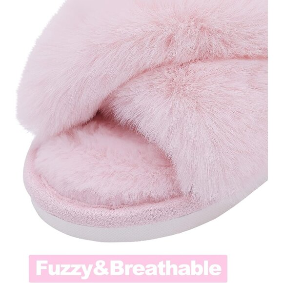 Women's Pink Fuzzy Slippers Cross Band Memory Foam Faux-fur Open Toe Shoes - Picture 4 of 8